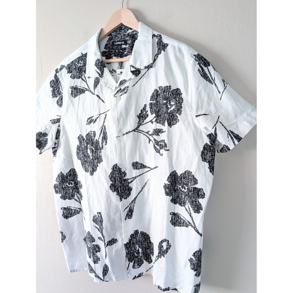 Express Mens White Floral Print Short Sleeve Shirt Vacation Beach Resort XL NWT - Picture 4 of 8